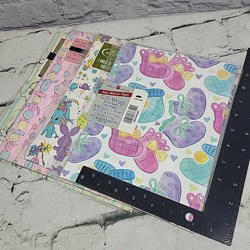 Vintage Gift Wrap Wrapping Paper New Baby Themed Lot Of 4 Different Prints
